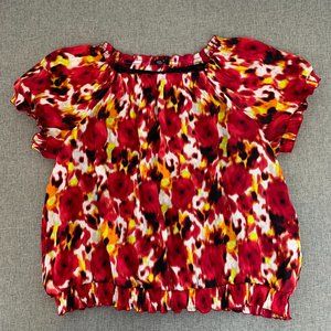 Alfani Women's Floral Pleated Blouse Size 22W Cap Sleeve Red Yellow White Lined‎